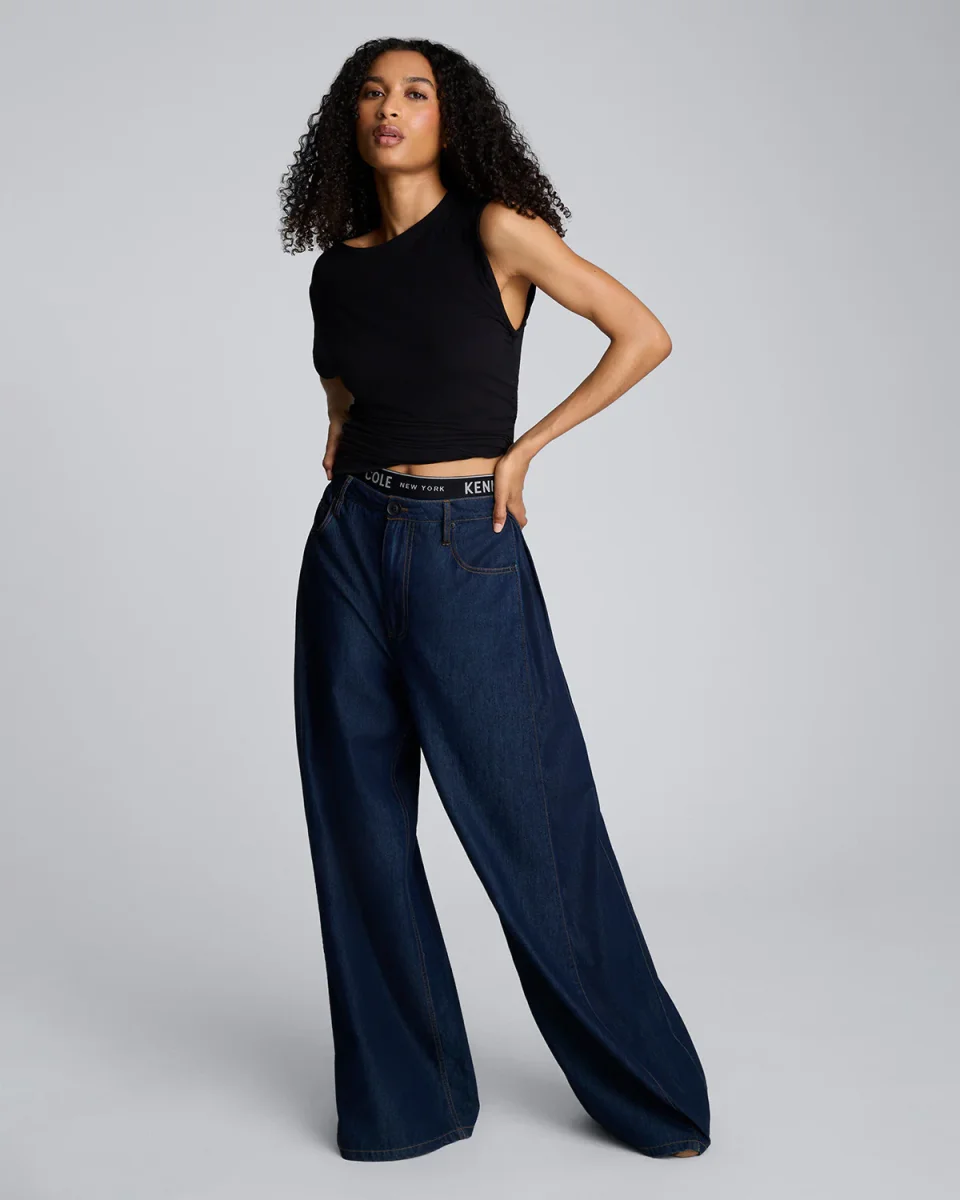 Pantalón amplio de cintura alta con pliegue lateral para mujer - Imagen 2