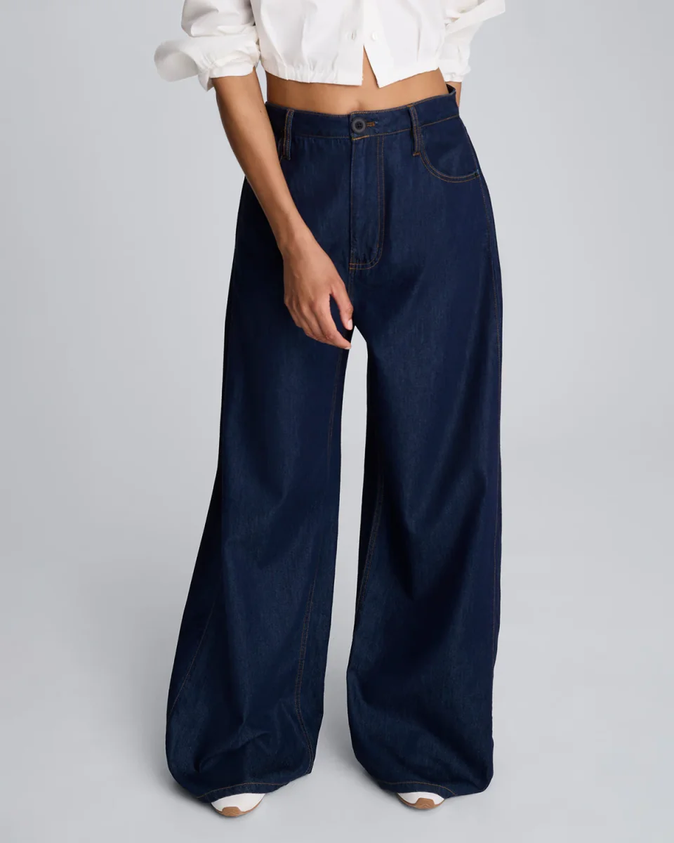 Pantalón amplio de cintura alta con pliegue lateral para mujer - Imagen 3