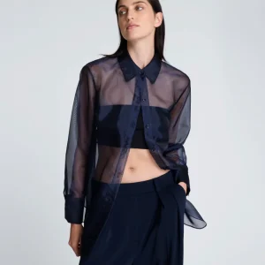 Camisa manga larga delantera organza trasparente para mujer