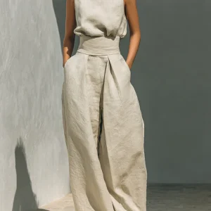 Flor™ | Conjunto minimalista de blusa sin mangas y pantalón de pernera ancha en algodón y lino para mujer